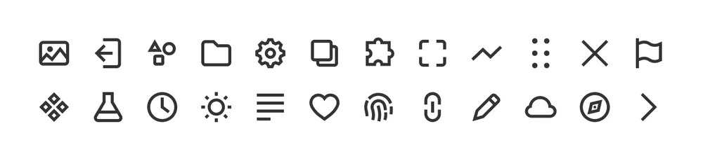 24 icons placed and scaled inside icon grids, arranged in two rows