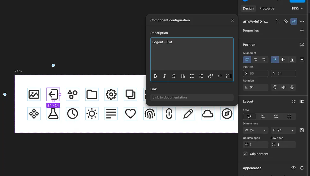 Screenshot of a Figma component description field with alias keywords filled in