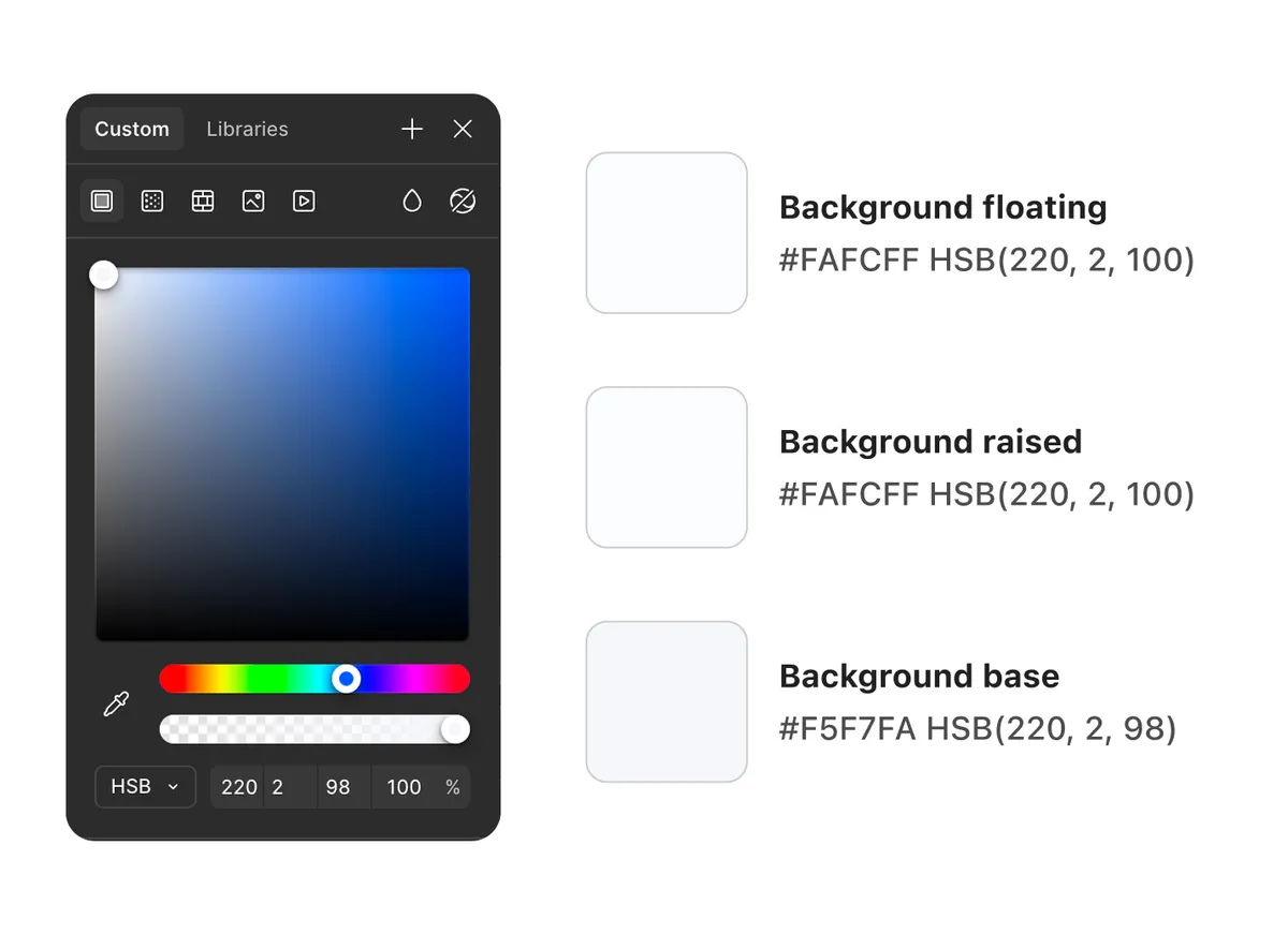 Figma HSB color panel showing how to add a brand tint to elevation backgrounds by keeping saturation between 1 and 2