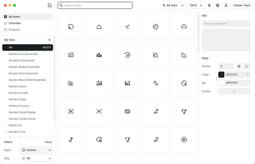 Screenshot of the Nucleo app interface showing the icon library