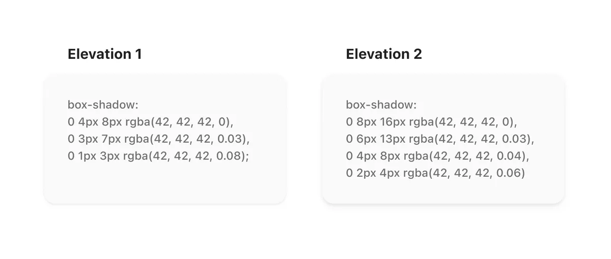 Two smooth shadows side by side showing the difference between a card-level and a floating-level drop shadow made of multiple stacked layers
